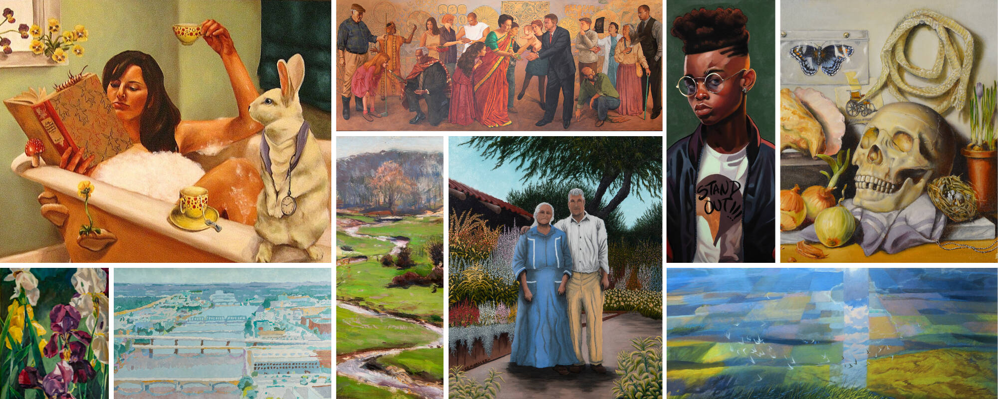 Collage of nine images that reflect different examples of oil paintings in the GVSU Art Museum Collection.